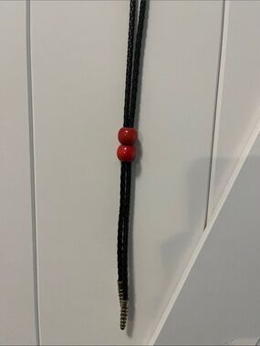 Black Braided Leather Bolo Tie with Red Beads